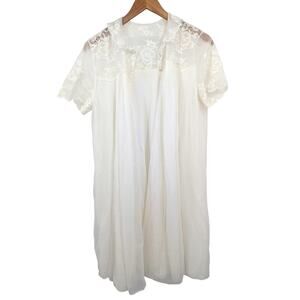 VTG White Nylon Lace Nightgown Short Sleeve Peignoir SZ S Coquette Cottagecore